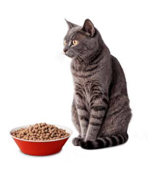Cat with a bowl of food isolated on transparent background png