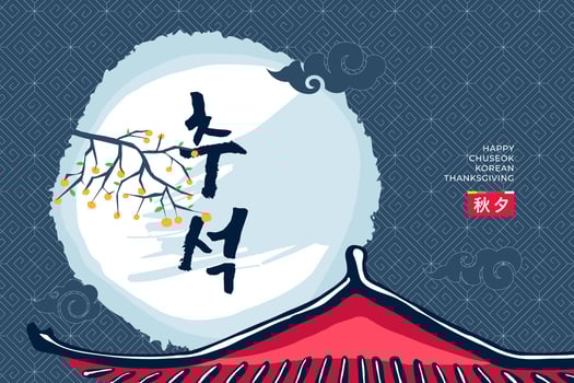 Korean Happy Chuseok holiday banner. Korea Hangawi Thanksgiving Day celebration. Asian mid autumn harvest festival. Asia traditional hanok rooftop, persimmon tree on full moon. Translation Chuseok vector