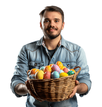 Portrait of a boy holding a basket full of Easter eggs on isolated transparent background png