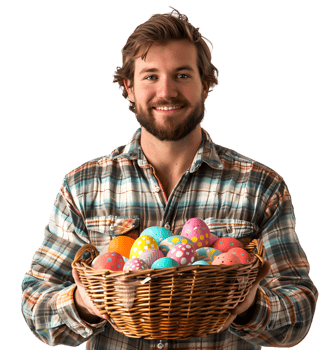 Portrait of a boy holding a basket full of Easter eggs on isolated transparent background png