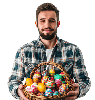 Portrait of a boy holding a basket full of Easter eggs on isolated transparent background png