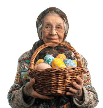 Portrait of a old woman holding a basket full of Easter eggs on isolated transparent background png