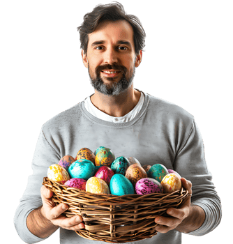 Portrait of a boy holding a basket full of Easter eggs on isolated transparent background png