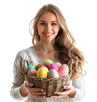 Portrait of a young girl holding a basket full of Easter eggs on isolated transparent background png