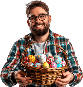 Portrait of a boy holding a basket full of Easter eggs on isolated transparent background png