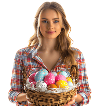 Portrait of a young girl holding a basket full of Easter eggs on isolated transparent background png