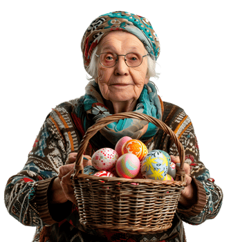 Portrait of a old woman holding a basket full of Easter eggs on isolated transparent background png
