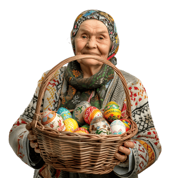 Portrait of a old woman holding a basket full of Easter eggs on isolated transparent background png