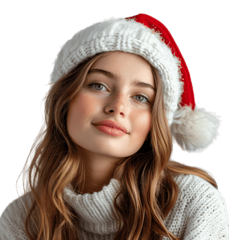 Smiling young girl waiting for holiday season. Pretty girl Santa Claus hat looking away on isolated transparent background png