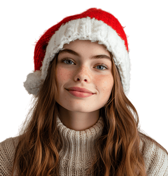 Smiling young girl waiting for holiday season. Pretty girl Santa Claus hat looking away on isolated transparent background png