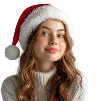 Smiling young girl waiting for holiday season. Pretty girl Santa Claus hat looking away on isolated transparent background png