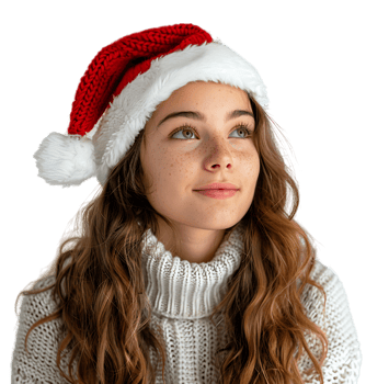 Smiling young girl waiting for holiday season. Pretty girl Santa Claus hat looking away on isolated transparent background png