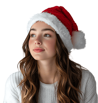 Smiling young girl waiting for holiday season. Pretty girl Santa Claus hat looking away on isolated transparent background png