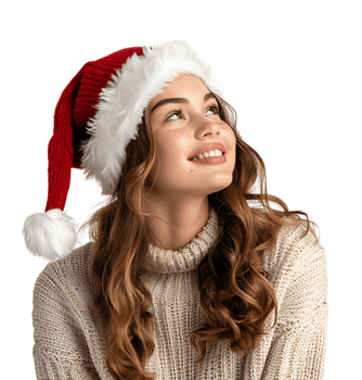 Smiling young girl waiting for holiday season. Pretty girl Santa Claus hat looking away on isolated transparent background png