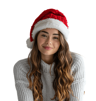 Smiling young girl waiting for holiday season. Pretty girl Santa Claus hat looking away on isolated transparent background png