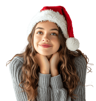 Smiling young girl waiting for holiday season. Pretty girl Santa Claus hat looking away on isolated transparent background png