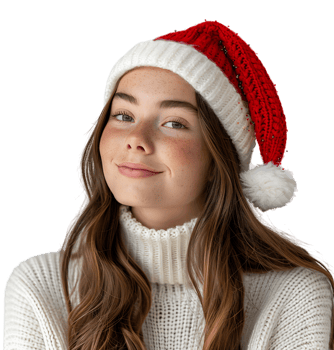 Smiling young girl waiting for holiday season. Pretty girl Santa Claus hat looking away on isolated transparent background png