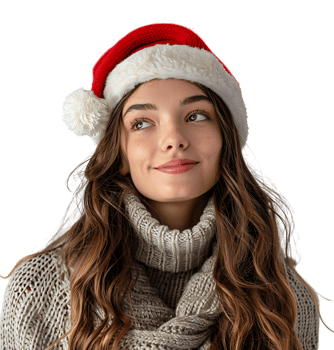 Smiling young girl waiting for holiday season. Pretty girl Santa Claus hat looking away on isolated transparent background png