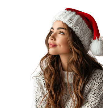 Smiling young girl waiting for holiday season. Pretty girl Santa Claus hat looking away on isolated transparent background png