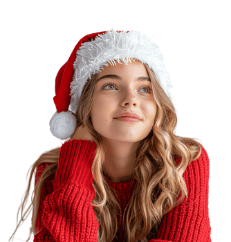 Smiling young girl waiting for holiday season. Pretty girl Santa Claus hat looking away on isolated transparent background png