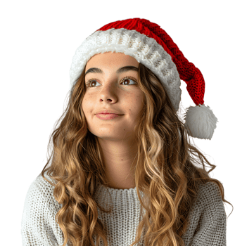 Smiling young girl waiting for holiday season. Pretty girl Santa Claus hat looking away on isolated transparent background png