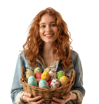 Portrait of a young girl holding a basket full of Easter eggs on isolated transparent background png