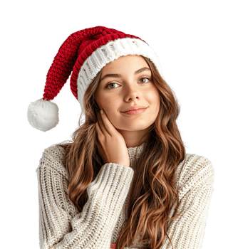 Smiling young girl waiting for holiday season. Pretty girl Santa Claus hat looking away on isolated transparent background png