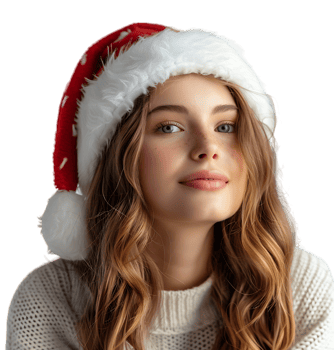 Smiling young girl waiting for holiday season. Pretty girl Santa Claus hat looking away on isolated transparent background png