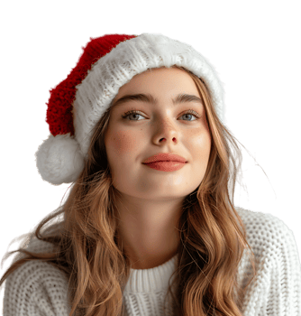 Smiling young girl waiting for holiday season. Pretty girl Santa Claus hat looking away on isolated transparent background png