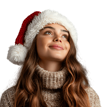 Smiling young girl waiting for holiday season. Pretty girl Santa Claus hat looking away on isolated transparent background png