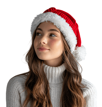 Smiling young girl waiting for holiday season. Pretty girl Santa Claus hat looking away on isolated transparent background png