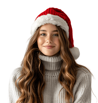Smiling young girl waiting for holiday season. Pretty girl Santa Claus hat looking away on isolated transparent background png