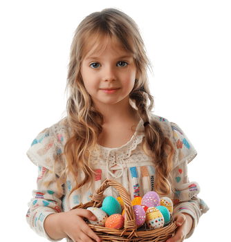 Happy Easter. Portrait of a pretty kid with a basket of eastern eggs standing on isolated transparent background png