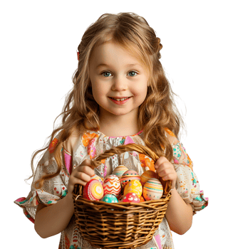 Happy Easter. Portrait of a pretty kid with a basket of eastern eggs standing on isolated transparent background png