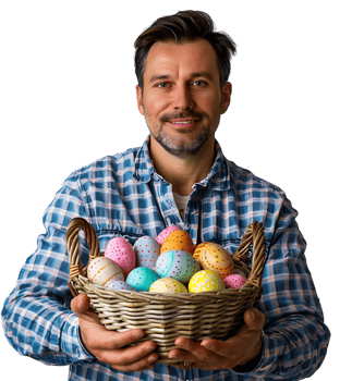Happy Easter. Portrait of a pretty young man with a basket of eastern eggs standing on isolated transparent background png