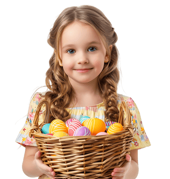 Happy Easter. Portrait of a pretty kid with a basket of eastern eggs standing on isolated transparent background png