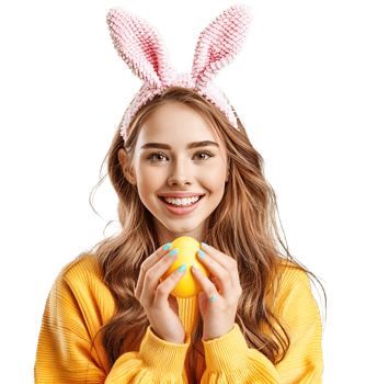 Cheerful young woman wearing bunny ears holding eastern egg on isolated transparent background png