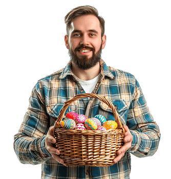Happy Easter. Portrait of a pretty young man with a basket of eastern eggs standing on isolated transparent background png
