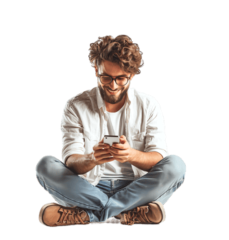 Laughing man sitting on floor on browsing social media on phone on isolated transparent background png