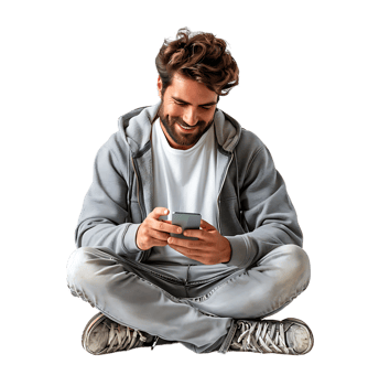 Laughing man sitting on floor on browsing social media on phone on isolated transparent background png