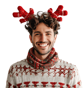 Happy smiling young man wearing red Christmas reindeer on isolated transparent background png