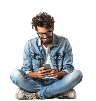 Laughing man sitting on floor on browsing social media on phone on isolated transparent background png