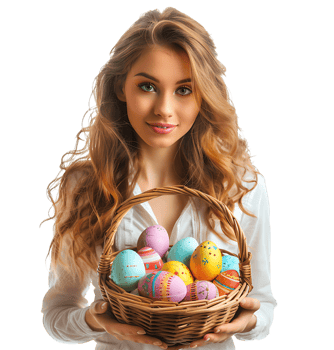 Happy Easter. Portrait of a pretty young girl with a basket of eastern eggs standing on isolated transparent background png