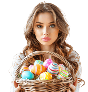 Happy Easter. Portrait of a pretty young girl with a basket of eastern eggs standing on isolated transparent background png