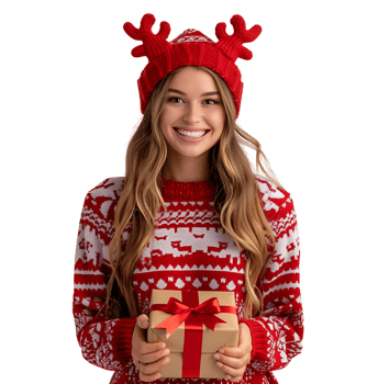 Happy smiling girl wearing red Christmas reindeer antlers present on isolated transparent background png