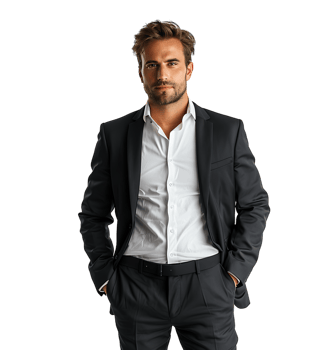 Portrait of a cheerful business man dressed in black suit on isolated transparent background png