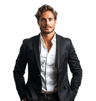 Portrait of a cheerful business man dressed in black suit on isolated transparent background png
