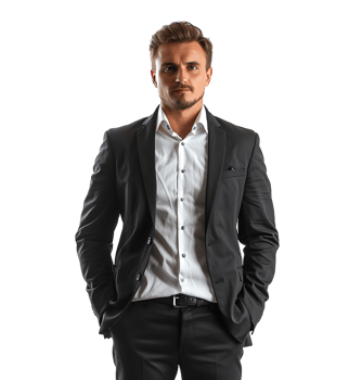 Portrait of a cheerful business man dressed in black suit on isolated transparent background png