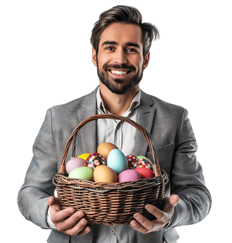 Happy Easter. Portrait of a man with a basket of eastern eggs standing isolated on isolated transparent background png