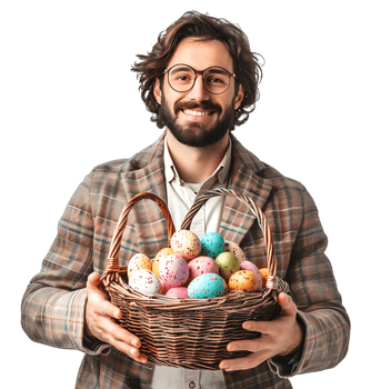 Happy Easter. Portrait of a man with a basket of eastern eggs standing isolated on isolated transparent background png